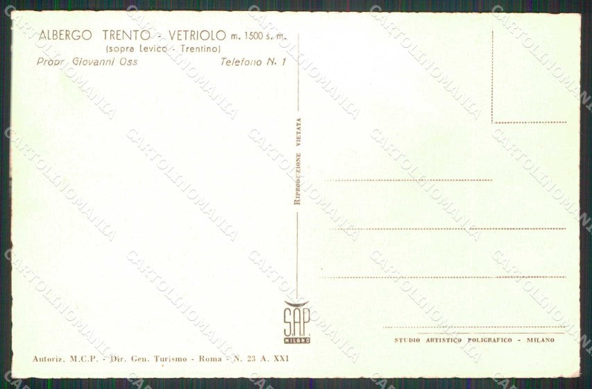 Trento Levico Terme Vetriolo Albergo Trento cartolina RT2094 – retro