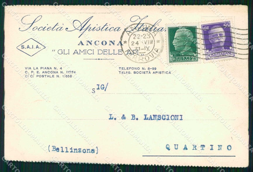 Ancona Città Società Apistica Italia Pubblicitaria cartolina RT3008 – fronte
