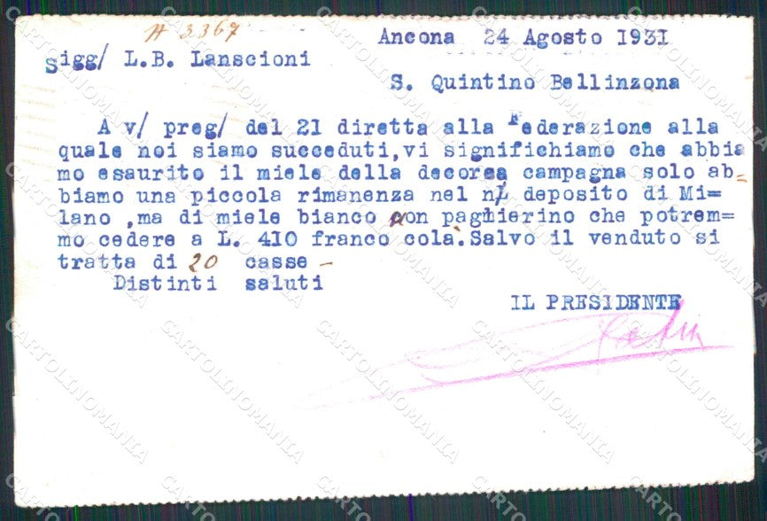 Ancona Città Società Apistica Italia Pubblicitaria cartolina RT3008 – retro