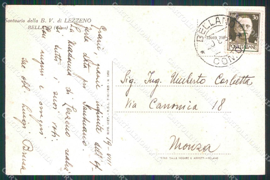 Lecco Bellano Lezzeno Saluto Ricordo da Santuario ABRASA cartolina RT3369 – retro