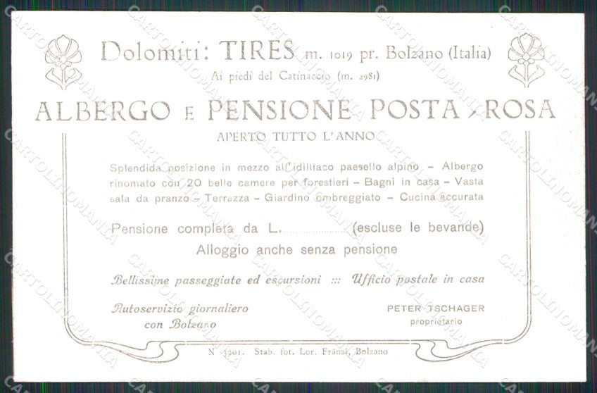 Bolzano Tires Albergo Pensione Posta Rosa Dolomiti cartolina RT4049 – retro