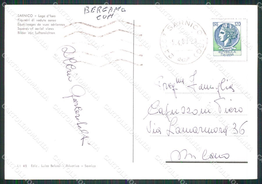 Bergamo Sarnico Saluti da Lago d'Iseo Barca a Vela FG cartolina RT4269 – retro