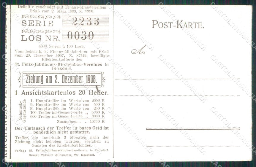 Trieste Città Panorama Lotteria Saint Felix Jubileum 1908 cartolina RT4752 – retro