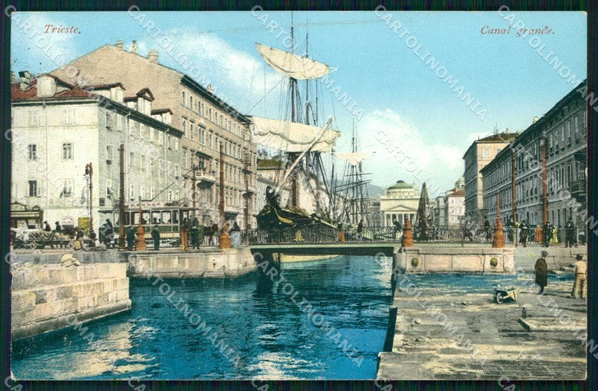 Trieste Città Canal Grande con Barche Tram STRAPPINO cartolina RT4772 – fronte
