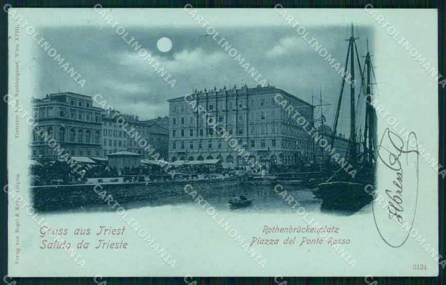 Trieste Città Saluto da Piazza Ponte Rosso Chiaro di Luna cartolina RT4846 – fronte