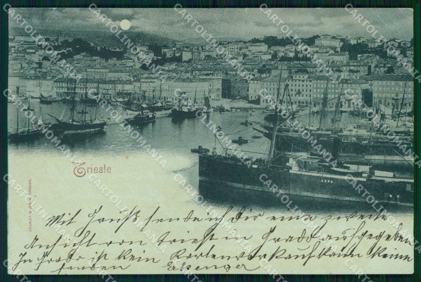 Trieste Città Porto con Barche Chiaro di Luna STRAPPINO cartolina RT4895 – fronte
