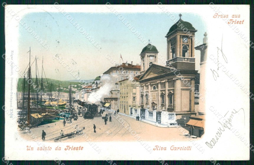 Trieste Città Saluto da Riva Carciotti Treno Barche cartolina RT5021 – fronte