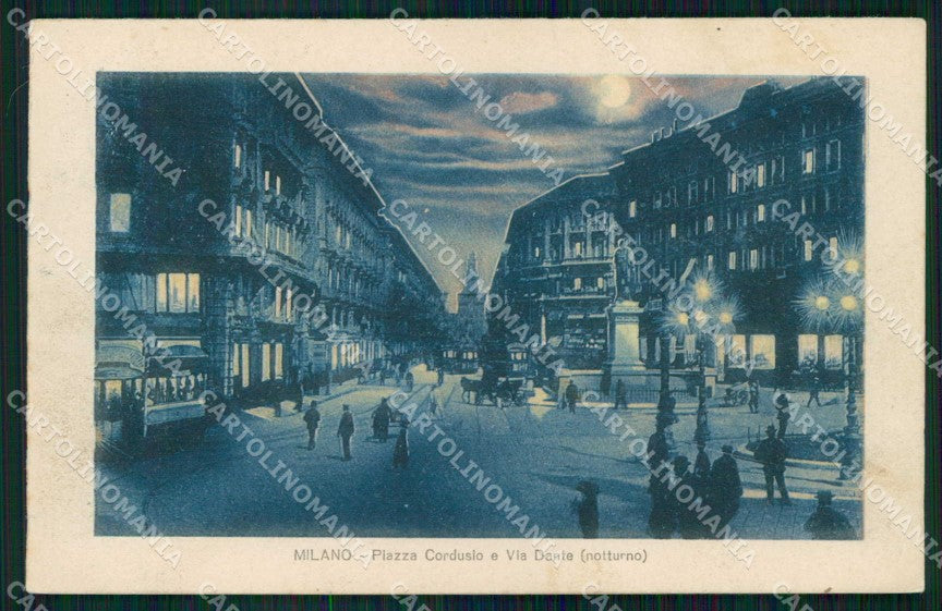 Milano Città Piazza Cordusio Tram Via Dante Chiaro di Luna cartolina RT5317 – fronte
