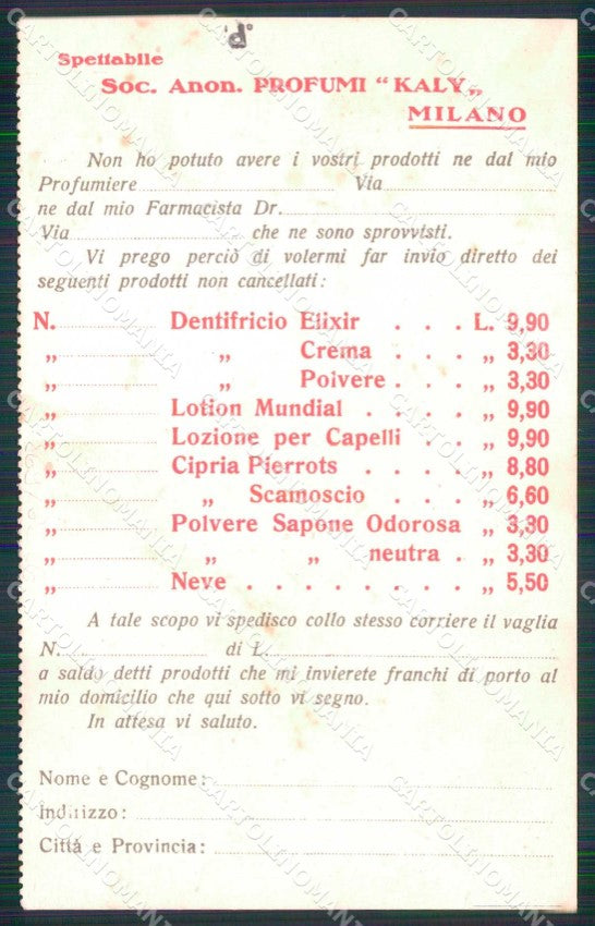 Milano Città Società Anonima Profumi Kaly Commerciale cartolina RT5806 – retro