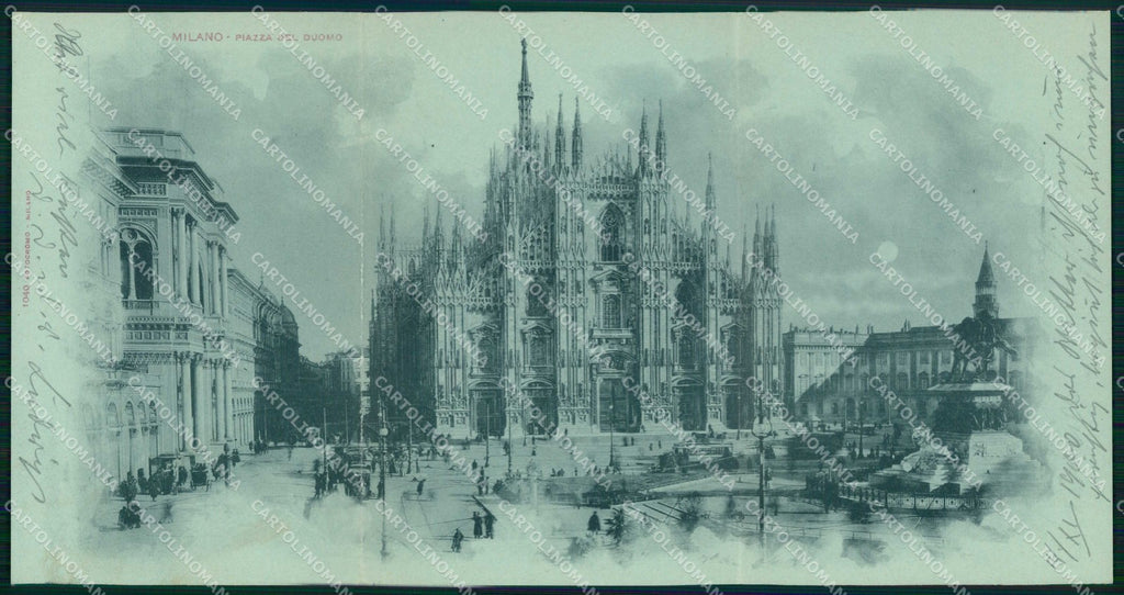 Milano Città Piazza Duomo Tram Chiaro di Luna Tripla cartolina RT5916 – fronte
