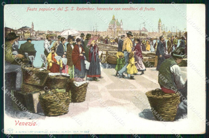 Venezia Città Festa Popolare Venditori di Frutta Baracche cartolina RT7445 – fronte