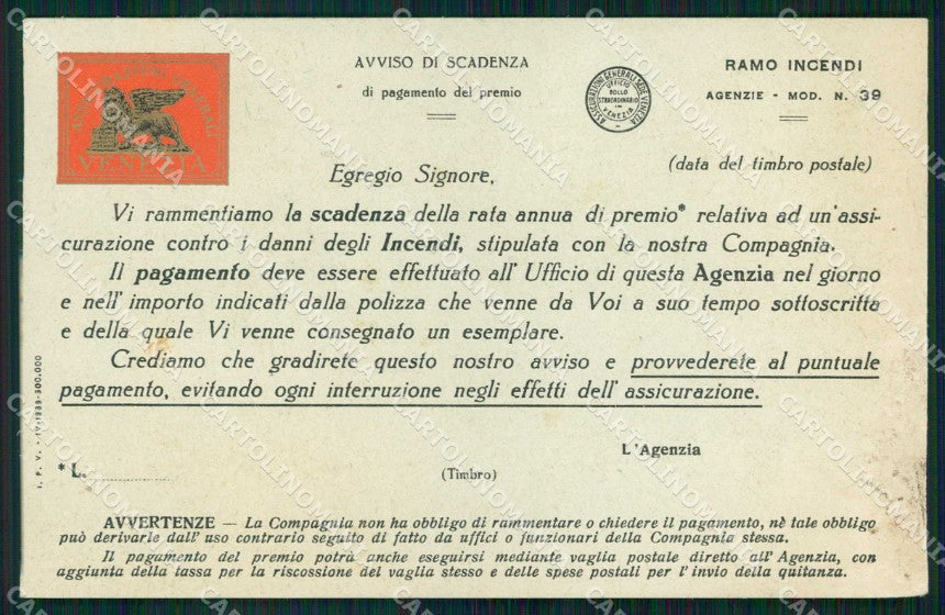 Venezia Città Assicurazioni Generali Scadenza Premio cartolina RT7804 – fronte