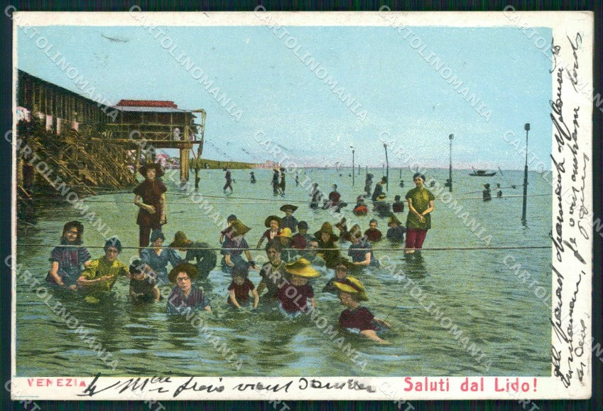 Venezia Città Lido di Saluti da Spiaggia con Bagnanti cartolina RT8230 – fronte