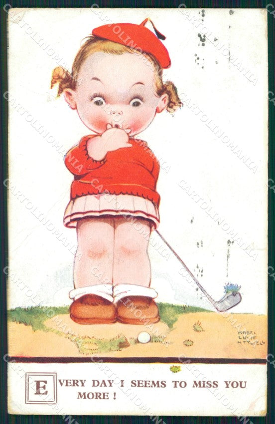 Mabel Lucie Attwell 1706 Golf PIEGATA CREASED ABRASA cartolina postcard TC0514 – fronte