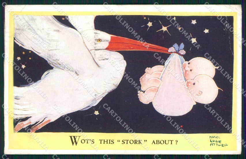 Mabel Lucie Attwell Valentine serie 3703 Stork PIEGHE CREASES cartolina postcard – fronte