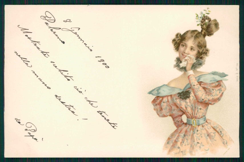 Artist Signed Lady Art Nouveau Viennoise serie II 14 cartolina TC0704 – fronte