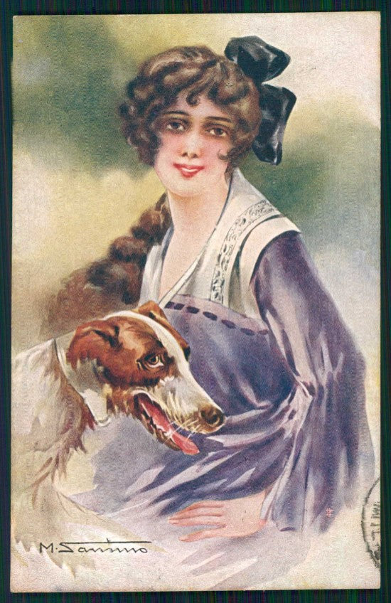 Artist Signed Santino Lady Borzoi dog serie 134-4 cartolina TC0896 – fronte