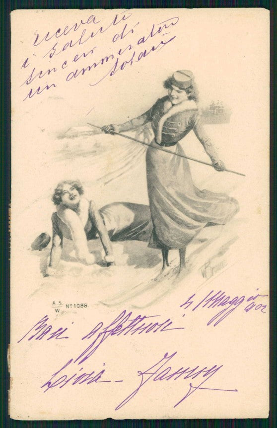 Artist Signed W. H. Braun Viennoise Skiing Lady cartolina TC0987 – fronte