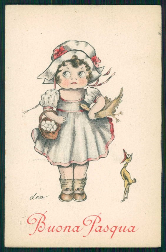 Artist Signed Deo Easter Girl Pasqua cartolina TC1088 – fronte