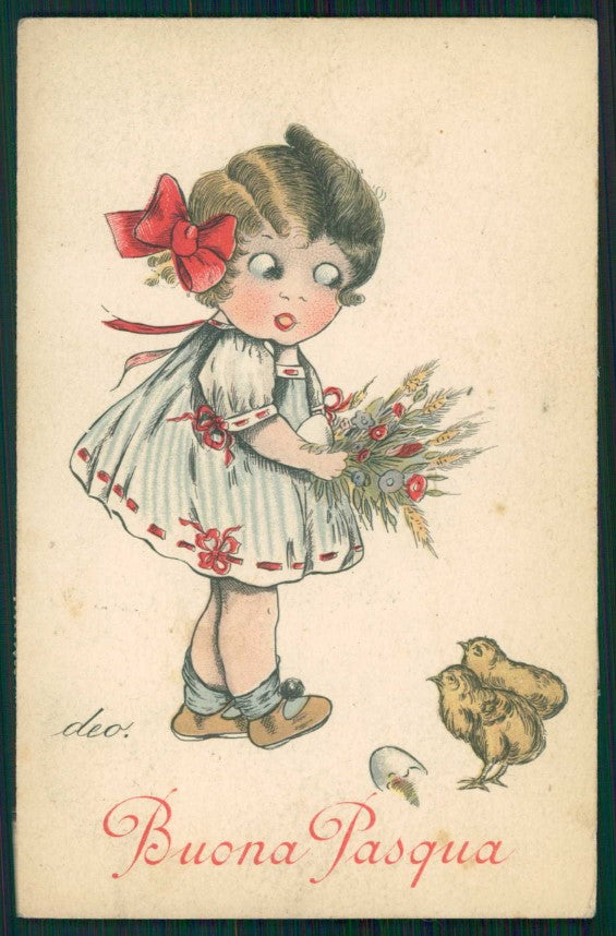 Artist Signed Deo Easter Girl Pasqua cartolina TC1089 – fronte