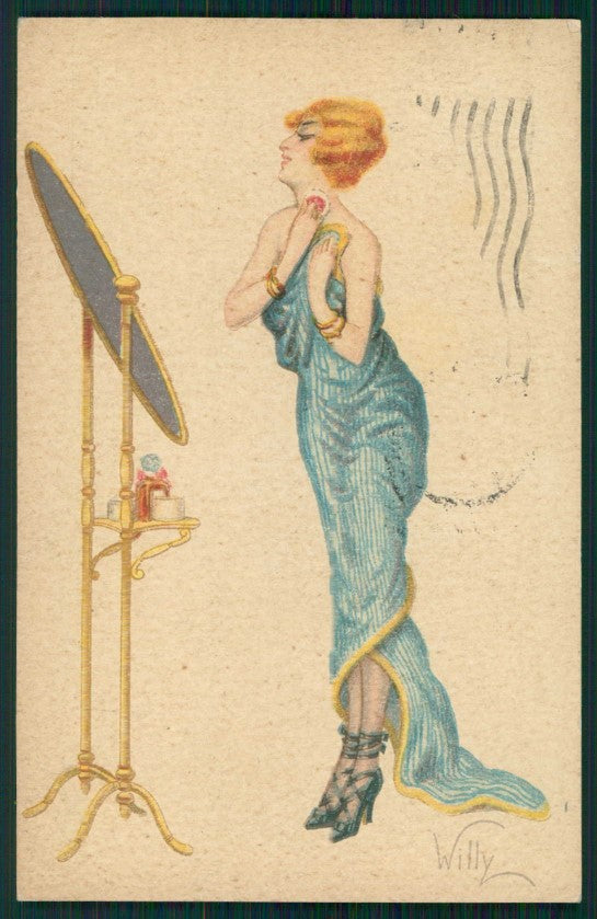 Artist Signed Willy Glamour Lady Make up serie 1082 PIEGHINE cartolina TC1094 – fronte