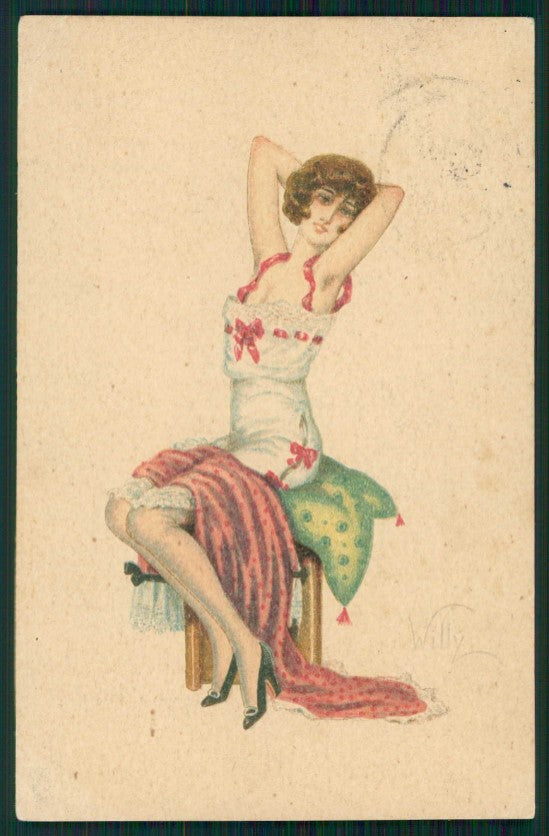 Artist Signed Willy Glamour Lady serie 1081 PIEGA cartolina TC1096 – fronte