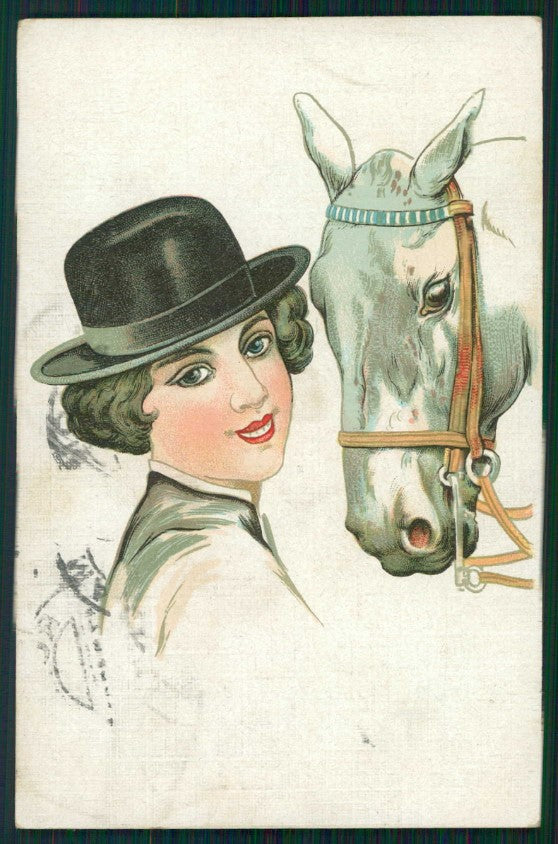 Artist Signed Art Deco Glamour Fashion Lady Horse serie 3067-6 cartolina TC1108 – fronte