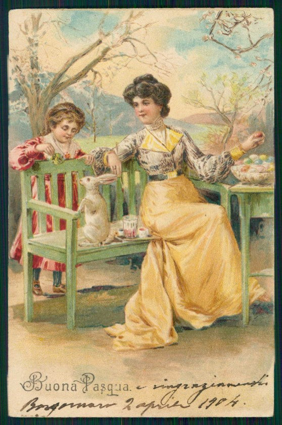 Artist Signed Lady and Girl Easter Pasqua PFB serie 3393 cartolina TC1157 – fronte