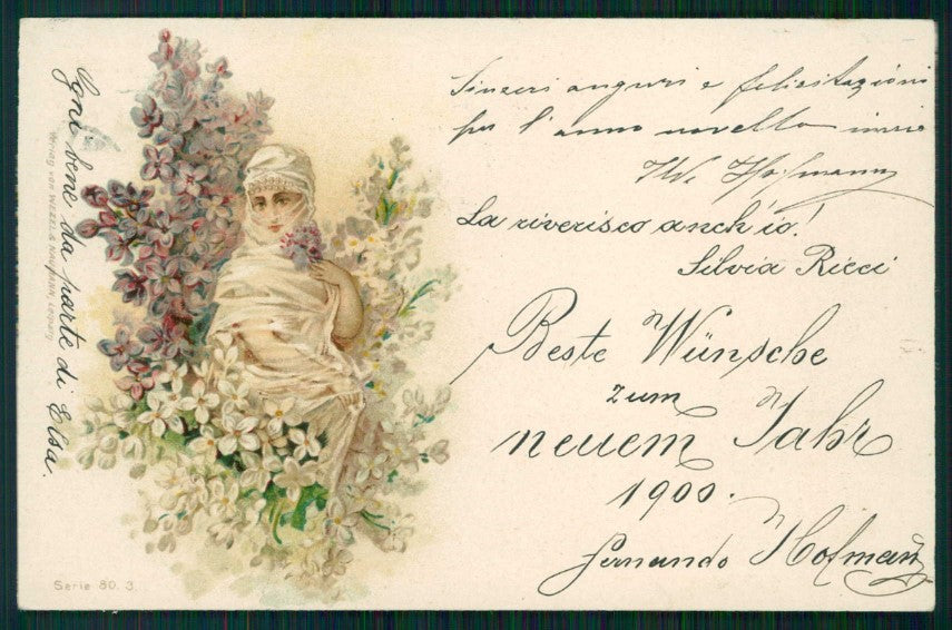 Artist Signed Lady and Flowers Wezel Naumann serie 80-3 cartolina TC1194 – fronte