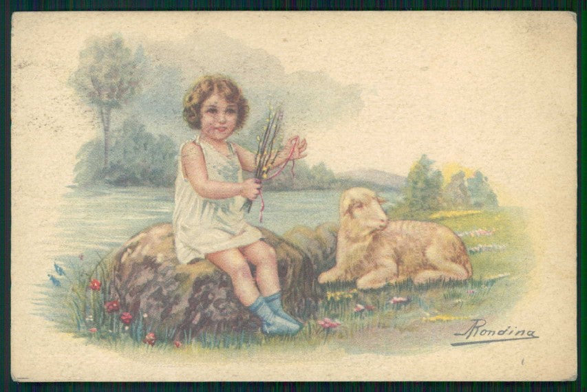 Artist Signed Rondina Girl Easter Pasqua serie 421-6 PIEGHINA cartolina TC1341 – fronte