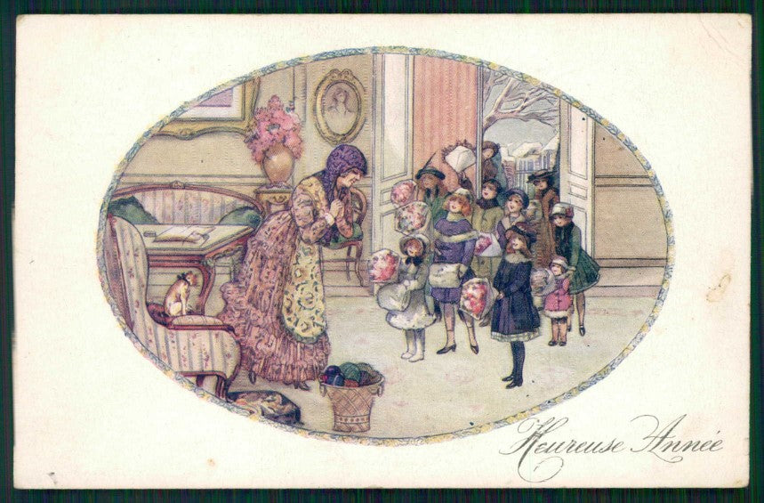 Artist Signed Lady Children Christmas ABRASA PIEGHINE cartolina TC1378 – fronte