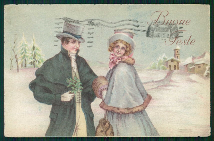 Artist Signed Romantic Couple Christmas Viennoise cartolina TC1477 – fronte