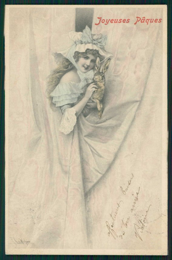 Artist Signed Wichera Viennoise Easter Lady M Vienne serie 138 cartolina TC1500 – fronte