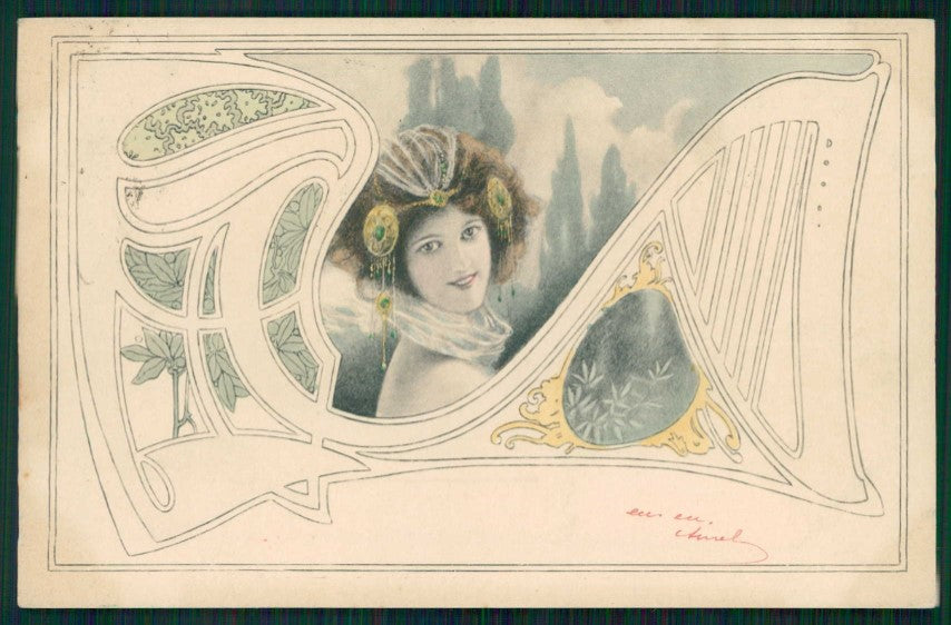 Artist Signed Art Nouveau Lady Viennoise MM Vienne cartolina TC1601 – fronte