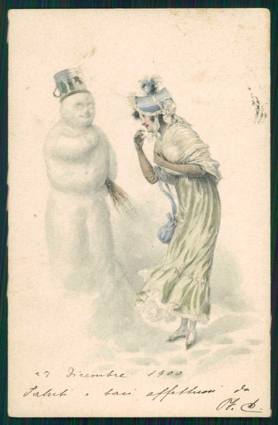 Artist Signed Viennoise Lady Snowman cartolina TC1611 – fronte