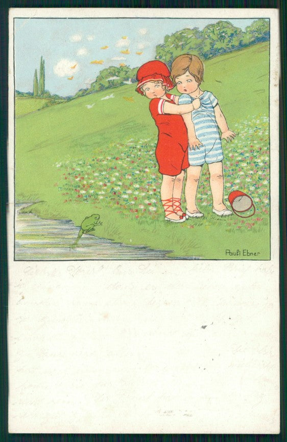 Artist Ebner Children Frog MM Vienne 1384 CORNER CREASED TEARED postcard TC2337 – fronte