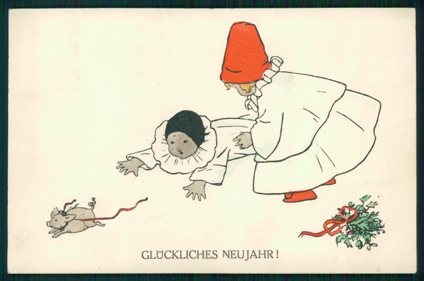 Artist Signed Ebner Children Pierrot Pig MM Vienne serie 1077 postcard TC2378 – fronte