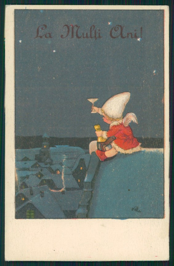 Artist Signed Christmas Angel Santa Toasting postcard TC2478 – fronte