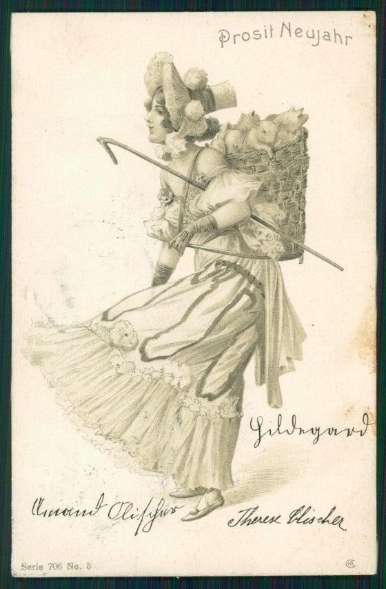 Artist Signed Christmas Lady Santa Pigs Geiger 706-5 TEARED postcard TC2479 – fronte