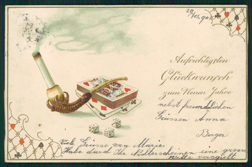 Artist Signed Playing Cards Dice Relief Smoking Pipe postcard TC2526 – fronte
