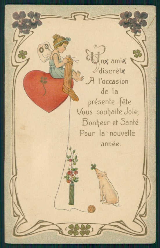 Artist Signed Fairy Pig Heart Relief Violet serie 474 postcard TC2539 – fronte