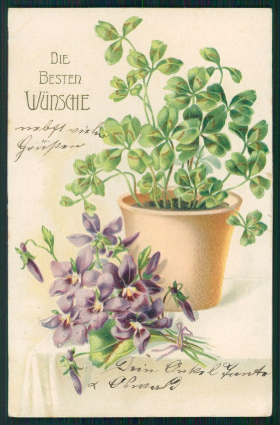 Artist Signed Relief Four-Leaf Clover Violet Viola ERIKA 1808 postcard TC2699 – fronte