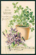 Artist Signed Relief Four-Leaf Clover Violet Viola ERIKA 1808 postcard TC2699 – fronte