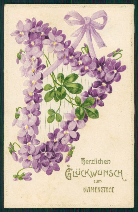 Artist Signed Relief Four-Leaf Clover Harp Violets ERIKA postcard TC2700 – fronte