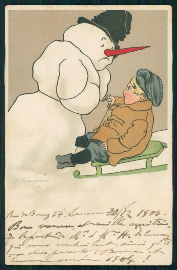 Artist Signed Caspari Child Snowman serie 1719 postcard TC2718 – fronte