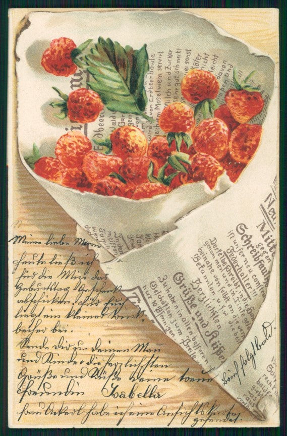 Fruit Raspberry Newspaper Relief CREASED PIN HOLE postcard TC2723 – fronte