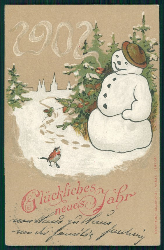 Snowman 1902 Year Best Wishes Relief Erika serie 831 postcard TC2729 – fronte