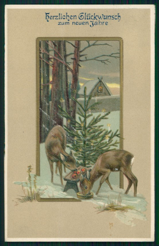 Hirsch Roe Deer Winter Landscape Best Wishes Relief CREASED postcard TC2734 – fronte