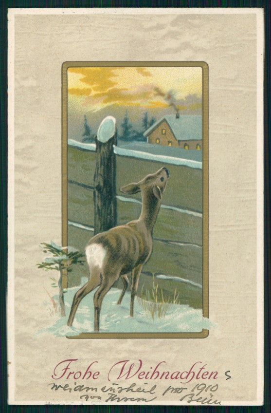 Hirsch Roe Deer Winter Landscape Best Wishes Relief postcard TC2735 – fronte