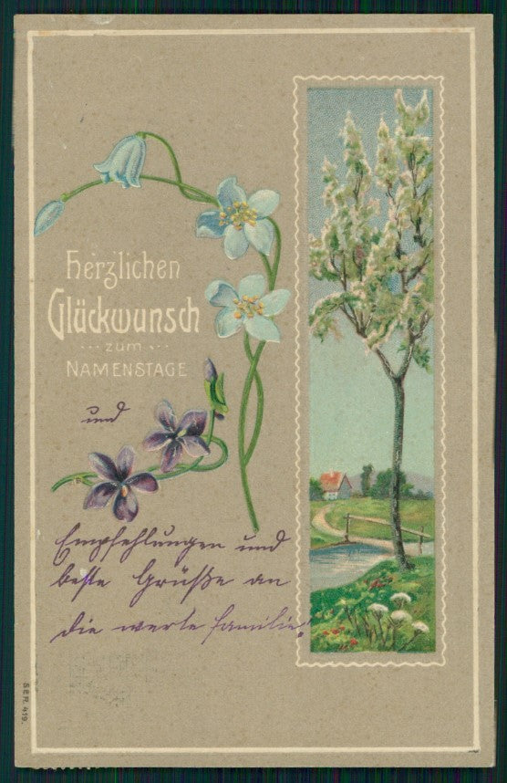 Art Nouveau Spring Landscape Purple Violets Flowers Relief postcard TC2742 – fronte